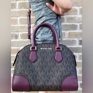 Michael Kors Hattie MK Signature Bowling Satchel Bag Brown Plum Crossbody